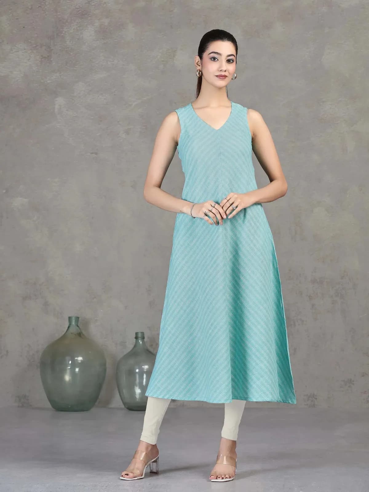 Sky Blue Chevron Printed Flared Dress - Barkha Boutique Kishangarh