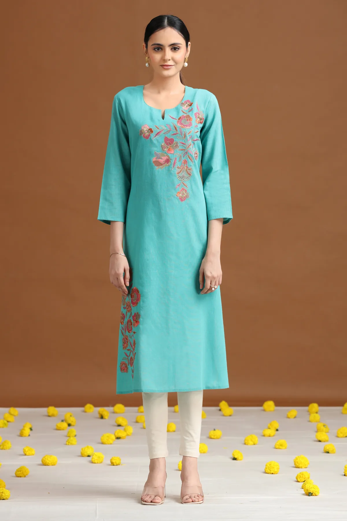 Sky Blue Embroidered Straight Cotton Kurta - Barkha Boutique Kishangarh
