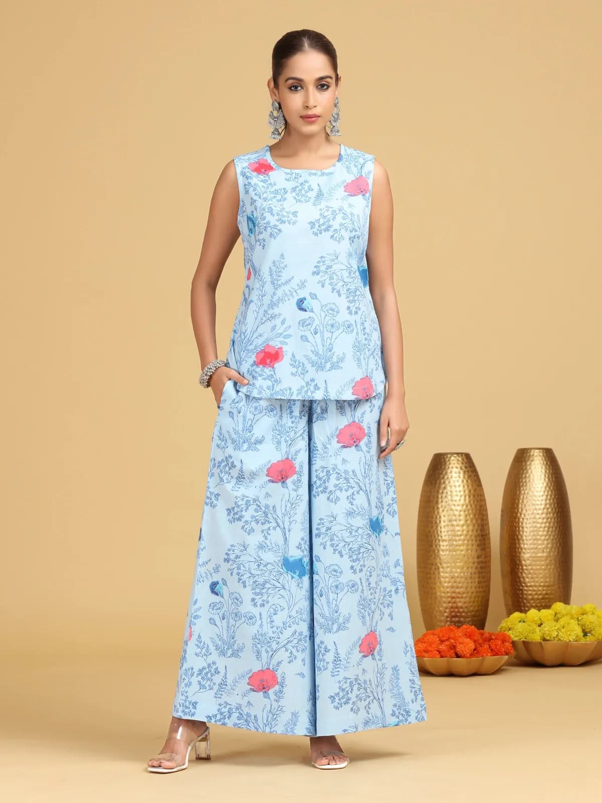 Sky Blue Floral Printed Straight Co-ord Set - Barkha Boutique Kishangarh