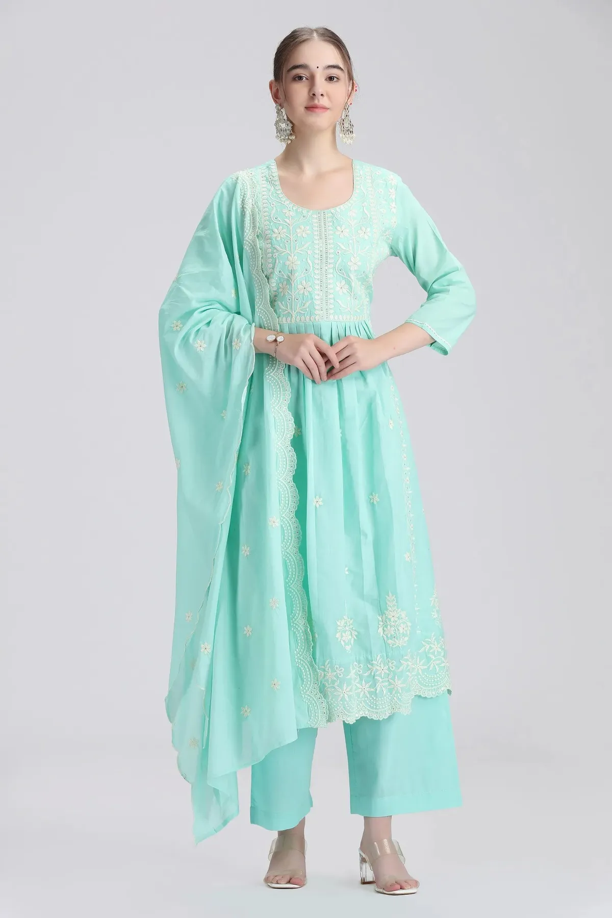 Sky Blue Mulmul Embroidered Anarkali Kurta Pant and Dupatta Suit Set - Barkha Boutique Kishangarh