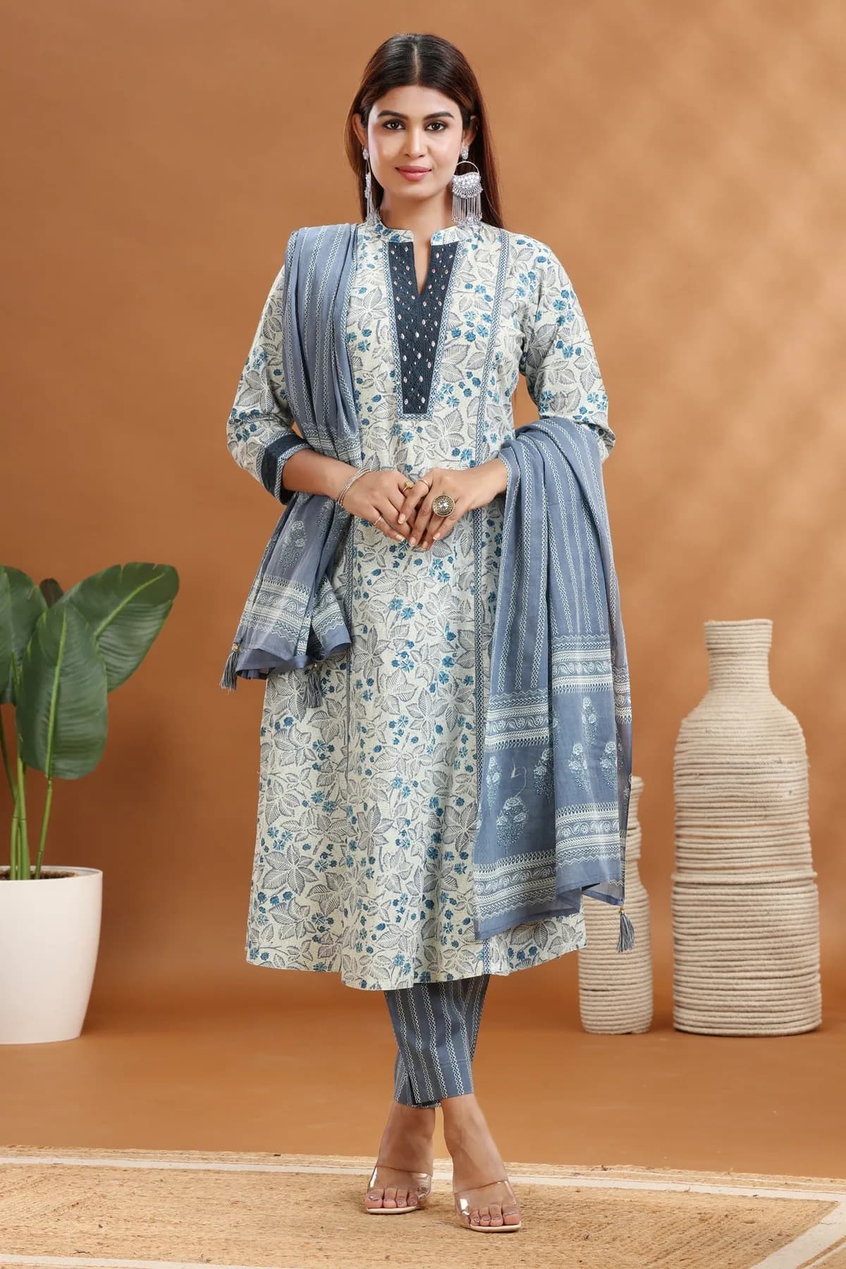Sky Blue & Off White Jaipuri Cotton A Line Printed Kurta Pants and Dupatta Set - Barkha Boutique Kishangarh