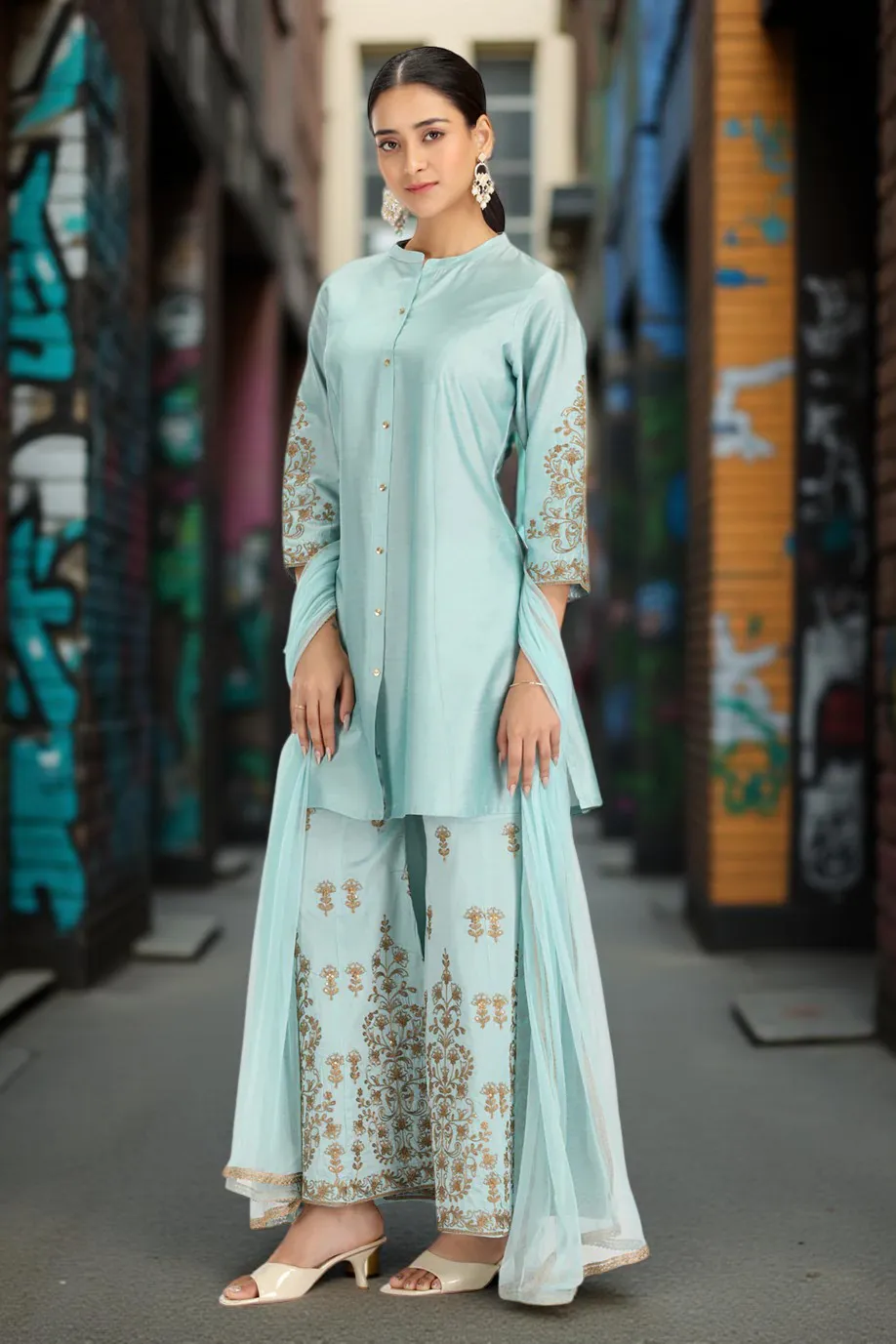Sky Blue PolySilk Embroidered Straight Kurta Palazzo and Dupatta Suit Set - Barkha Boutique Kishangarh