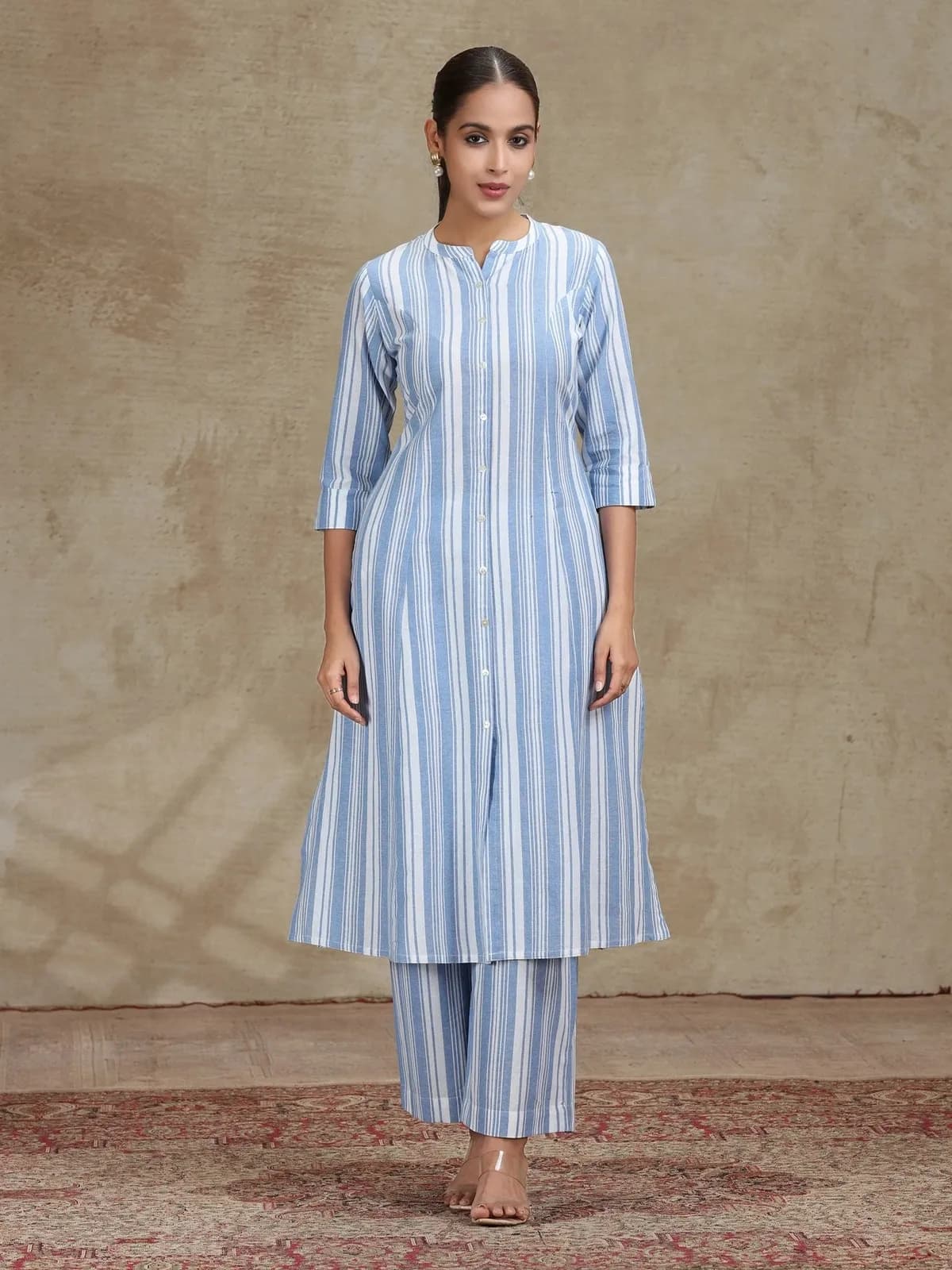 Sky Blue Striped Cotton A-Line Kurta - Barkha Boutique Kishangarh