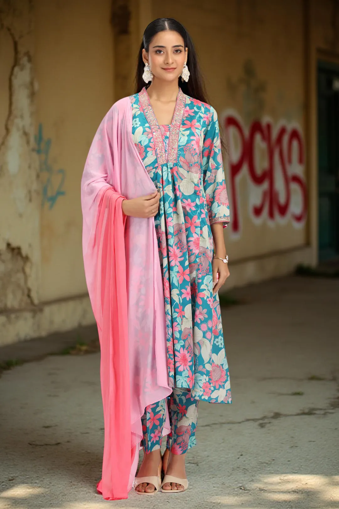 Teal Chinnon Embroidered A Line Kurta Pant and Dupatta Suit Set - Barkha Boutique Kishangarh