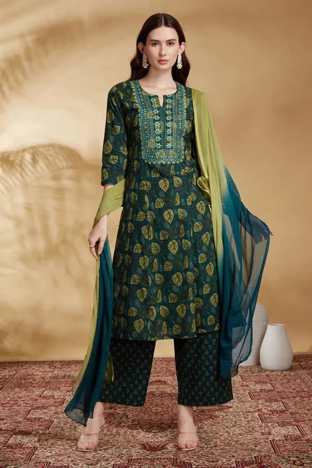 Teal Embroidered Cotton A Line Ethnic Set - Barkha Boutique Kishangarh