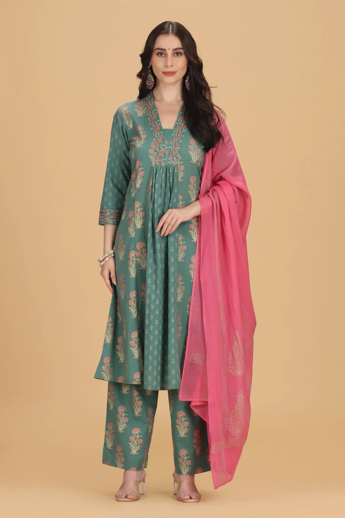 Teal Embroidered Jaipuri Cotton A Line Kurta Pant and Dupatta Suit Set - Barkha Boutique Kishangarh