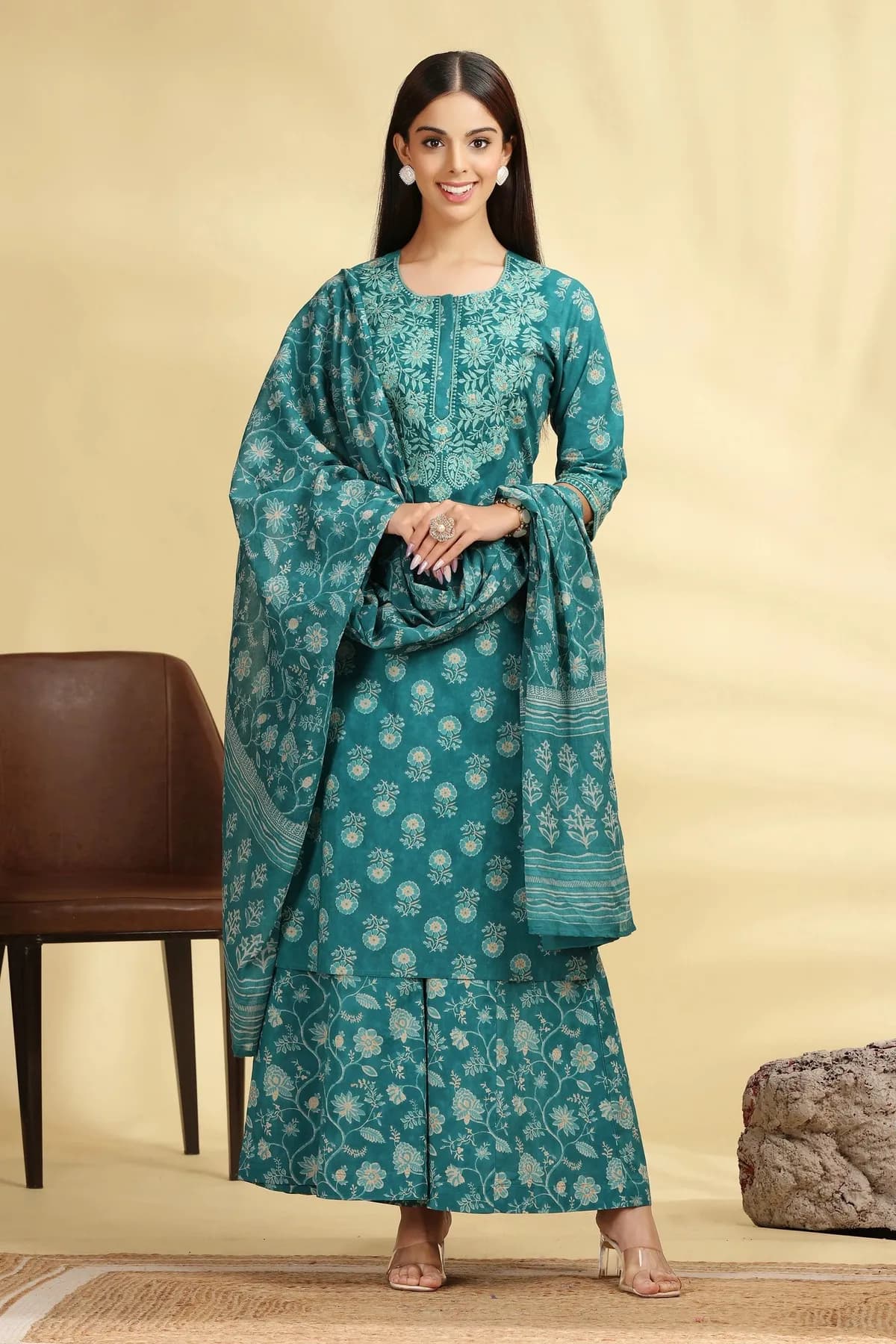 Teal Embroidered Jaipuri Cotton Straight Kurta Palazzo Dupatta Suit Set - Barkha Boutique Kishangarh