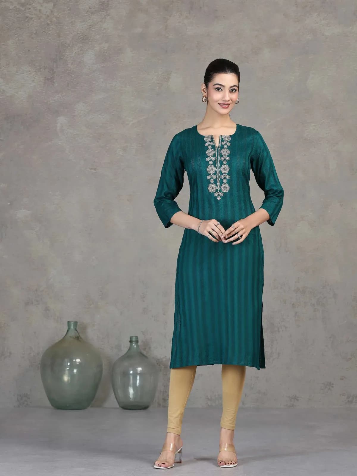 Teal Embroidered Straight Cotton Kurta - Barkha Boutique Kishangarh