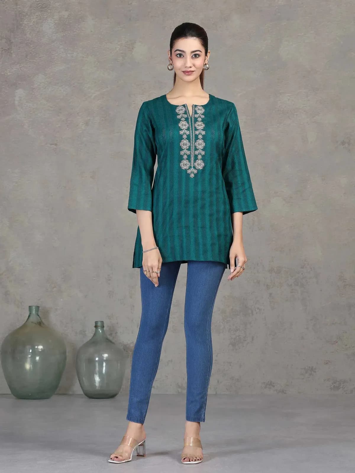 Teal Embroidered Straight Cotton Tunic - Barkha Boutique Kishangarh