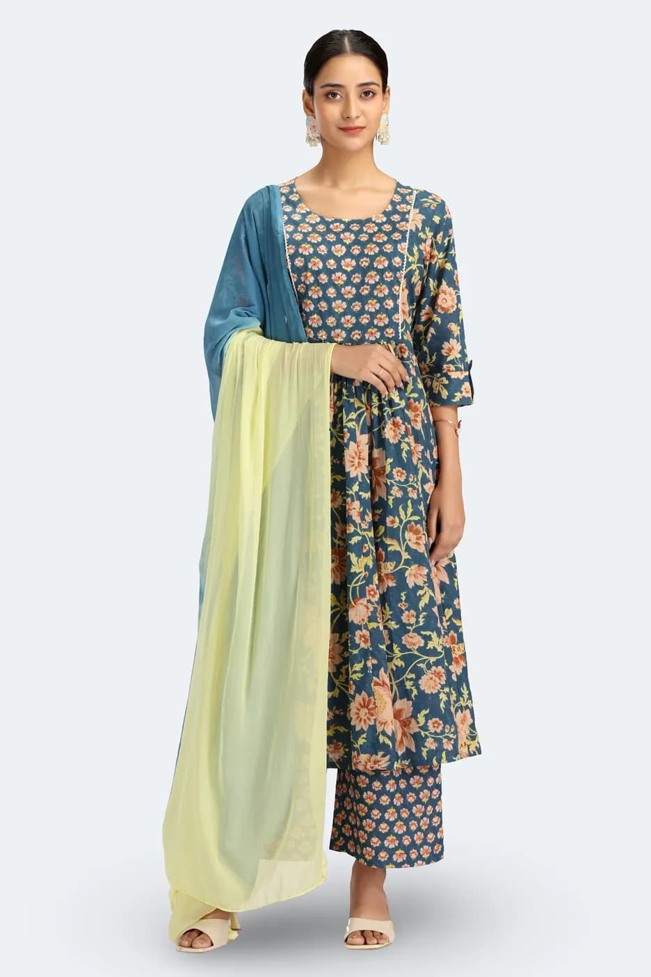 Teal Jaipuri Cotton Printed Gathered Kurta Pant and Dupatta Suit Set - Barkha Boutique Kishangarh