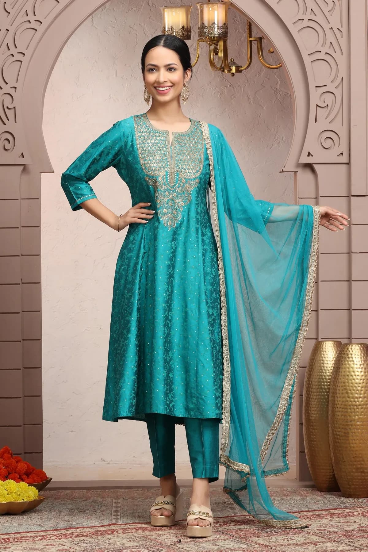 Teal PolySilk A Line Embroidered Kurta Pant Suit Set - Barkha Boutique Kishangarh