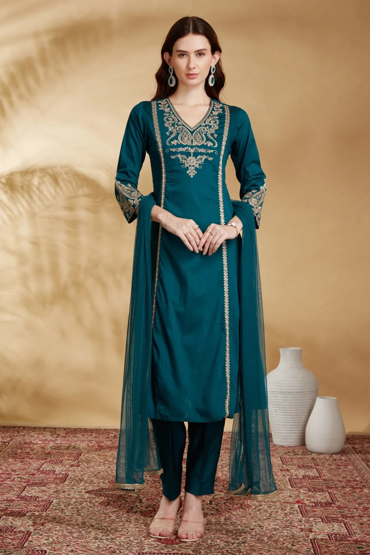 Teal Embroidered Straight Ethnic Set - Barkha Boutique Kishangarh