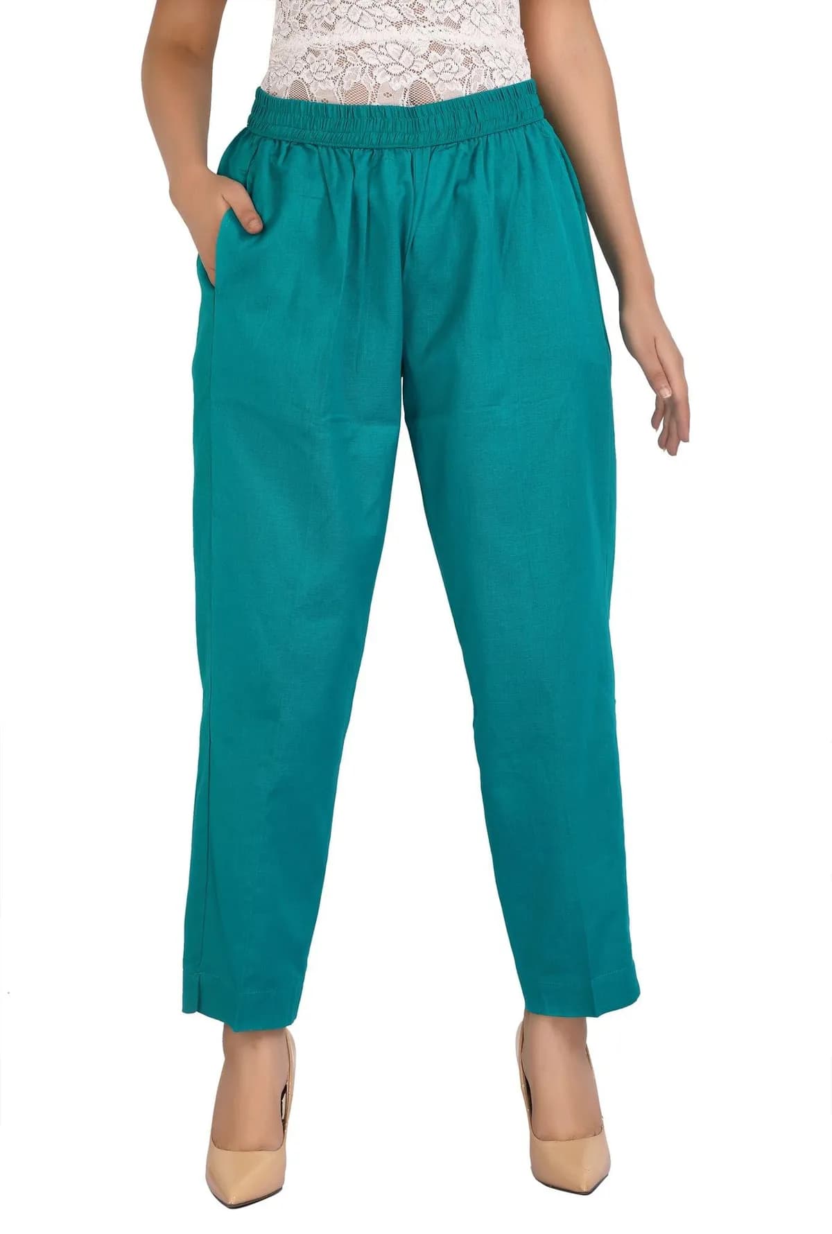 Teal Solid Cotton Pant - Barkha Boutique Kishangarh