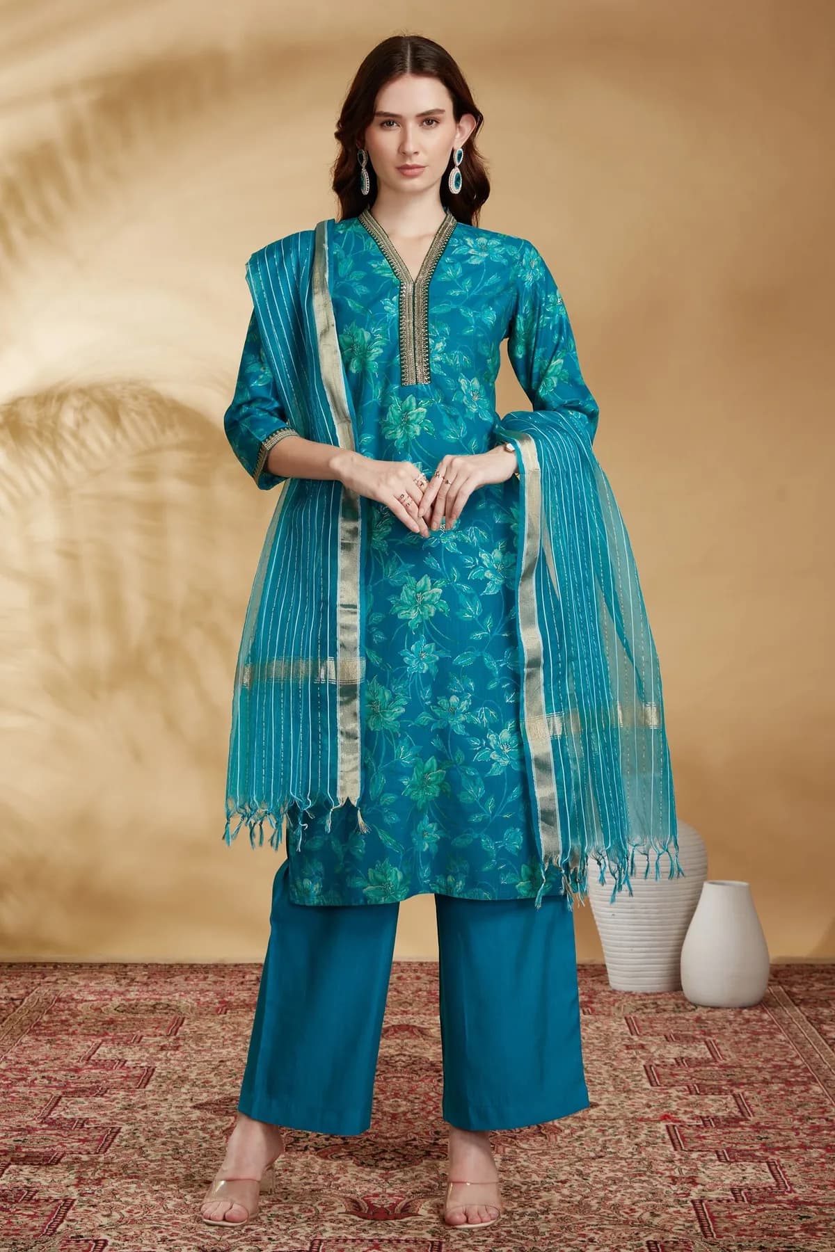Teal Viscose Straight Embroidered Kurta Pant and Dupatta Suit Set - Barkha Boutique Kishangarh