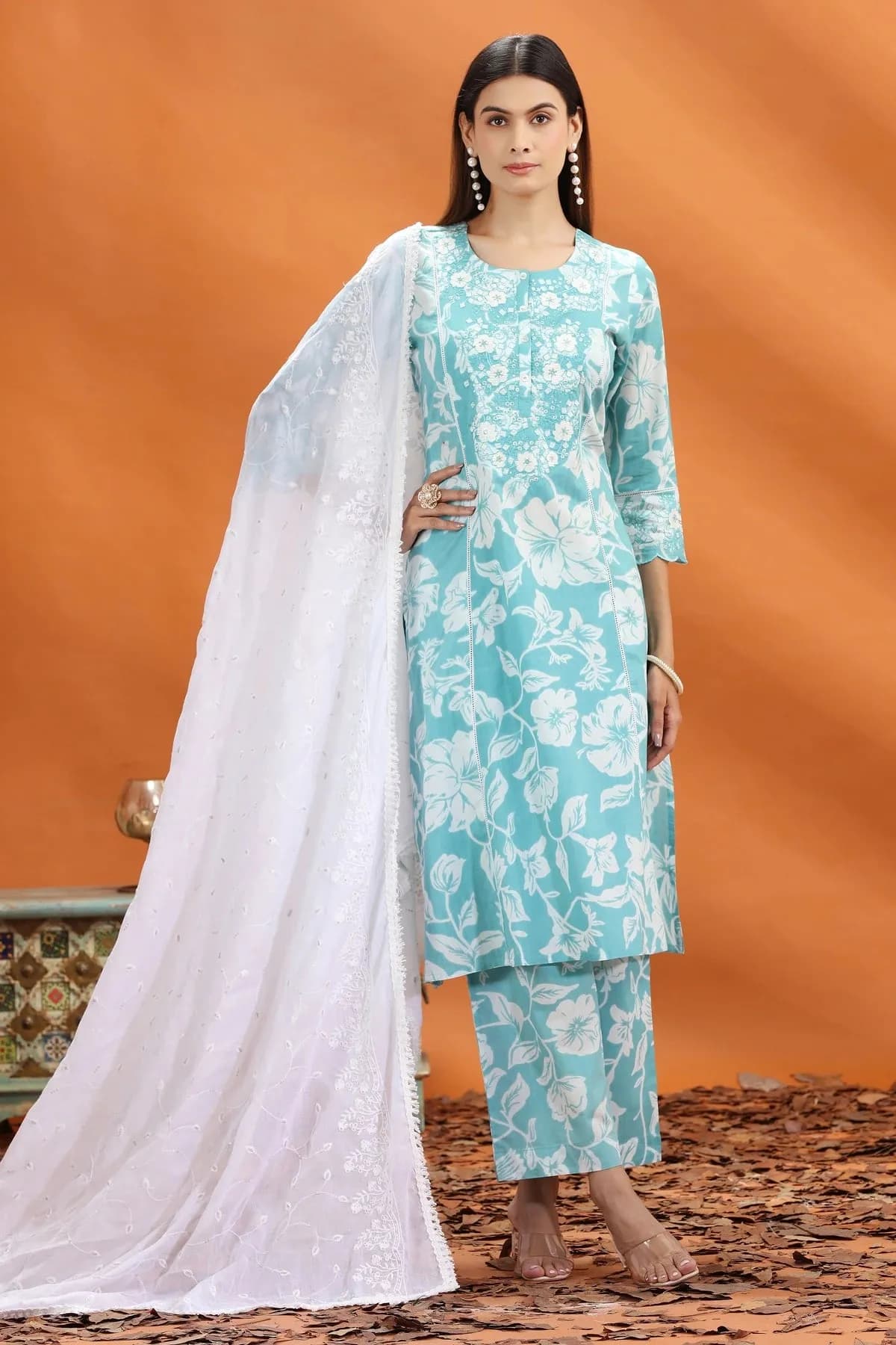 White Cotton Embroidered Dupatta - Barkha Boutique Kishangarh