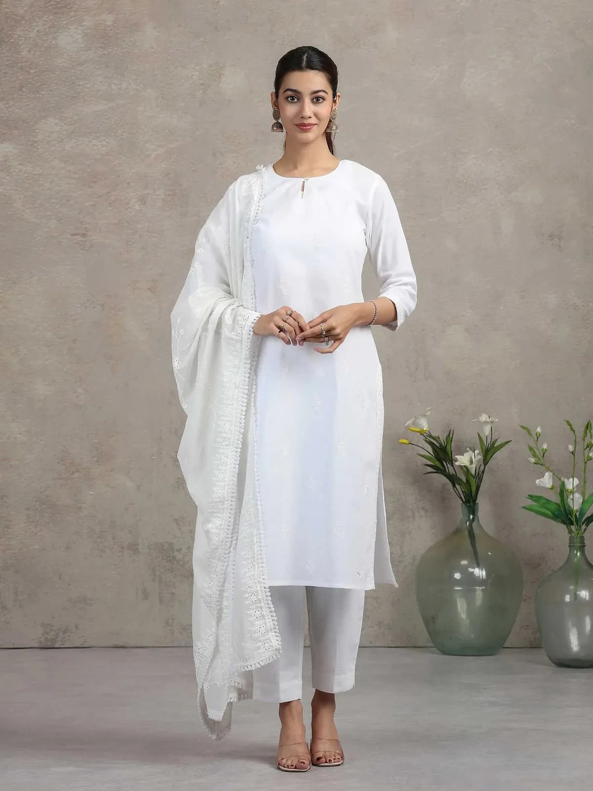 White Floral Embroidered Cotton Straight Kurta - Barkha Boutique Kishangarh