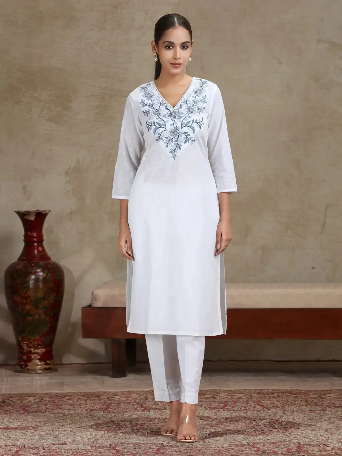 White Floral Embroidered Straight Cotton Kurta - Barkha Boutique Kishangarh