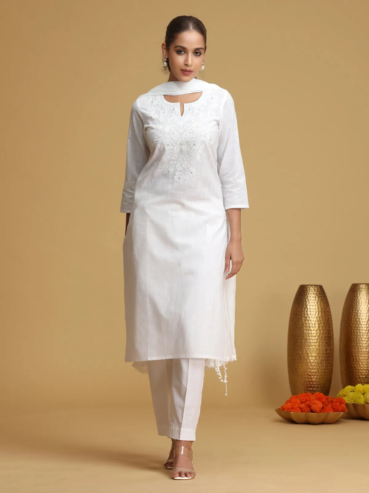 White Floral Embroidered Straight Kurta - Barkha Boutique Kishangarh