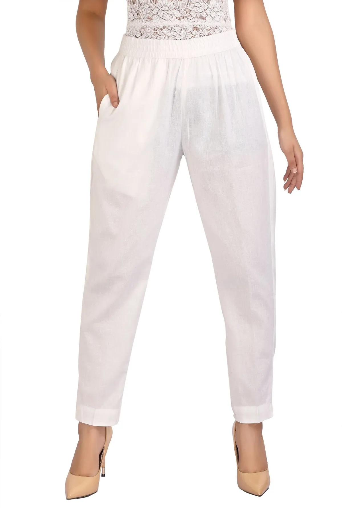 White Solid Cotton Pant - Barkha Boutique Kishangarh