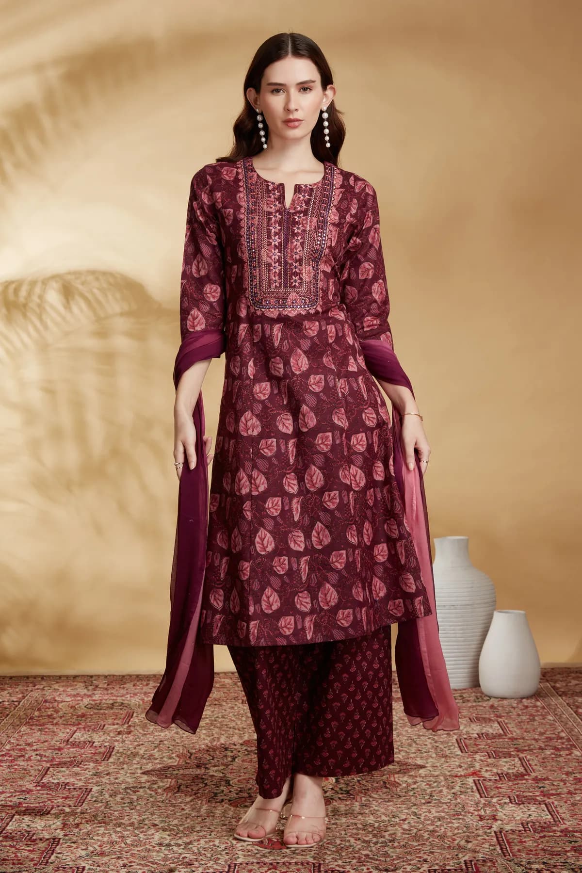 Wine Cotton Embroidered A Line Kurta Pant and Dupatta Suit Set - Barkha Boutique Kishangarh
