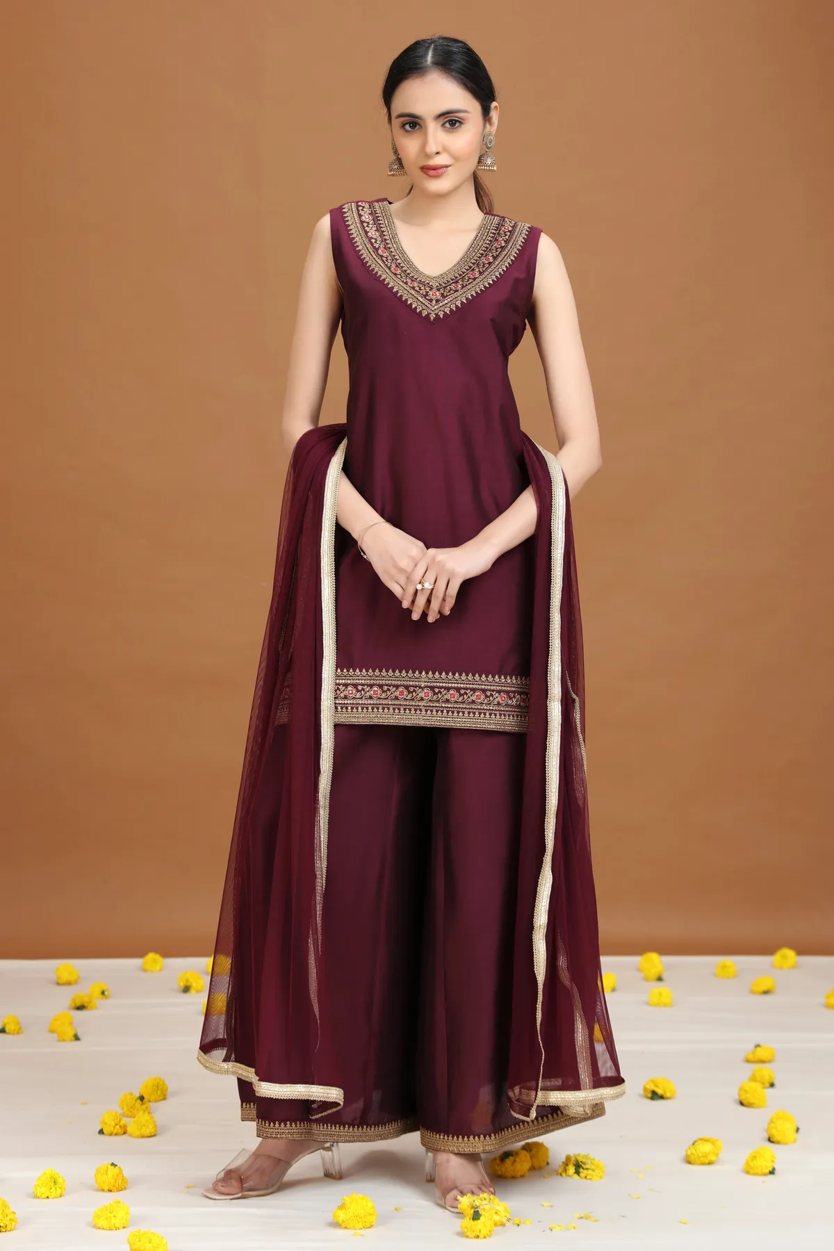 Wine Embroidered Straight Ethnic Set - Barkha Boutique Kishangarh