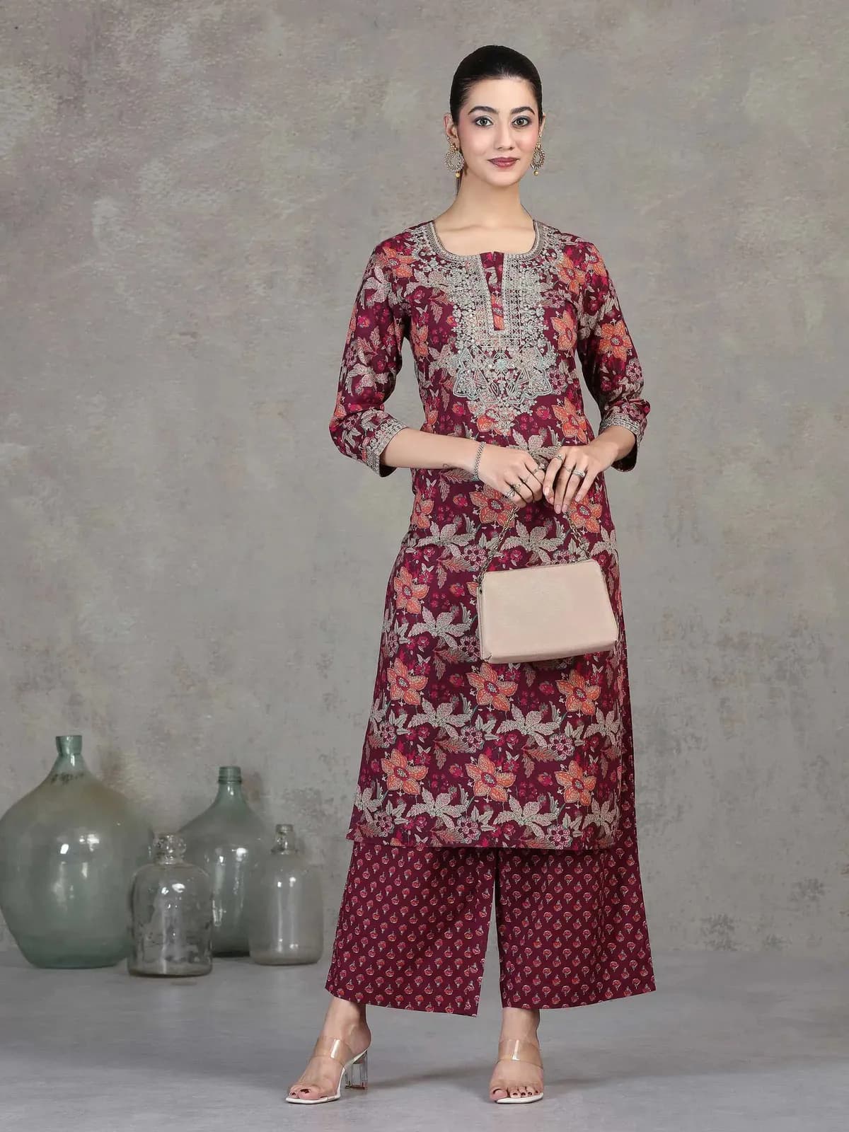 Wine Floral Embroidered Cotton Straight Co-ord Set - Barkha Boutique Kishangarh