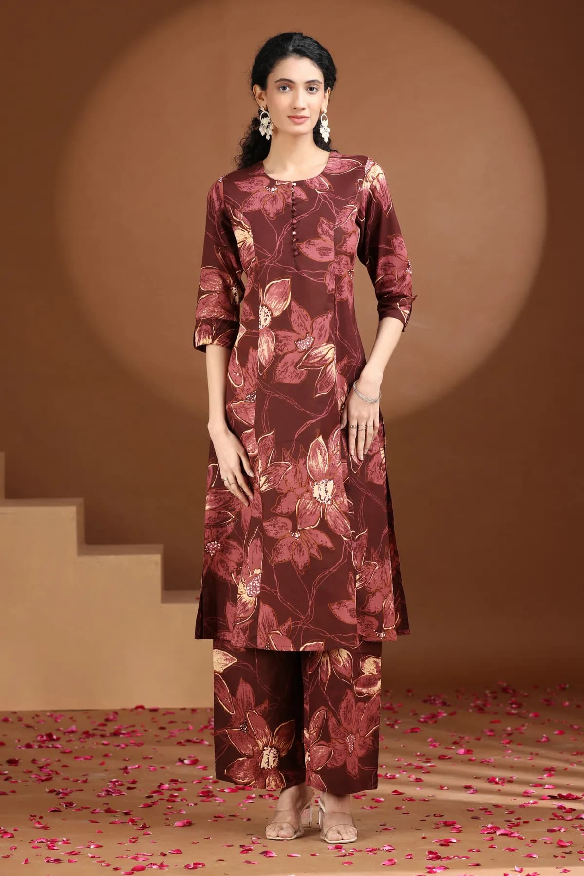Wine Floral Printed Cotton A Line Co-ord Set - Barkha Boutique Kishangarh