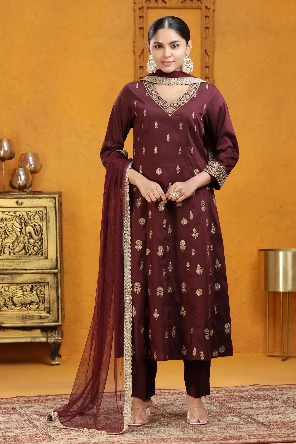 Wine PolySilk A Line Embroidered Kurta Pants and Dupatta Set - Barkha Boutique Kishangarh