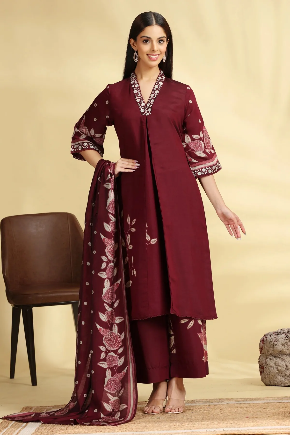 Wine Embroidered Roman Silk Kurta Pant and Dupatta Suit Set - Barkha Boutique Kishangarh