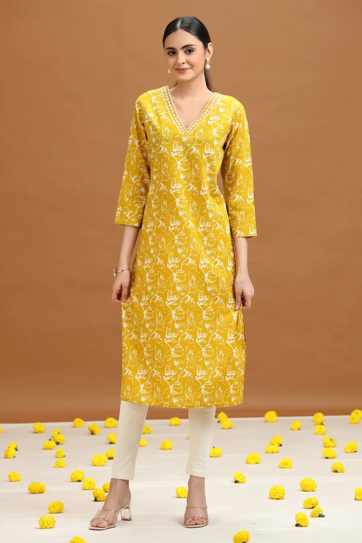 Yellow Abstract Floral Printed Straight Kurta - Barkha Boutique Kishangarh