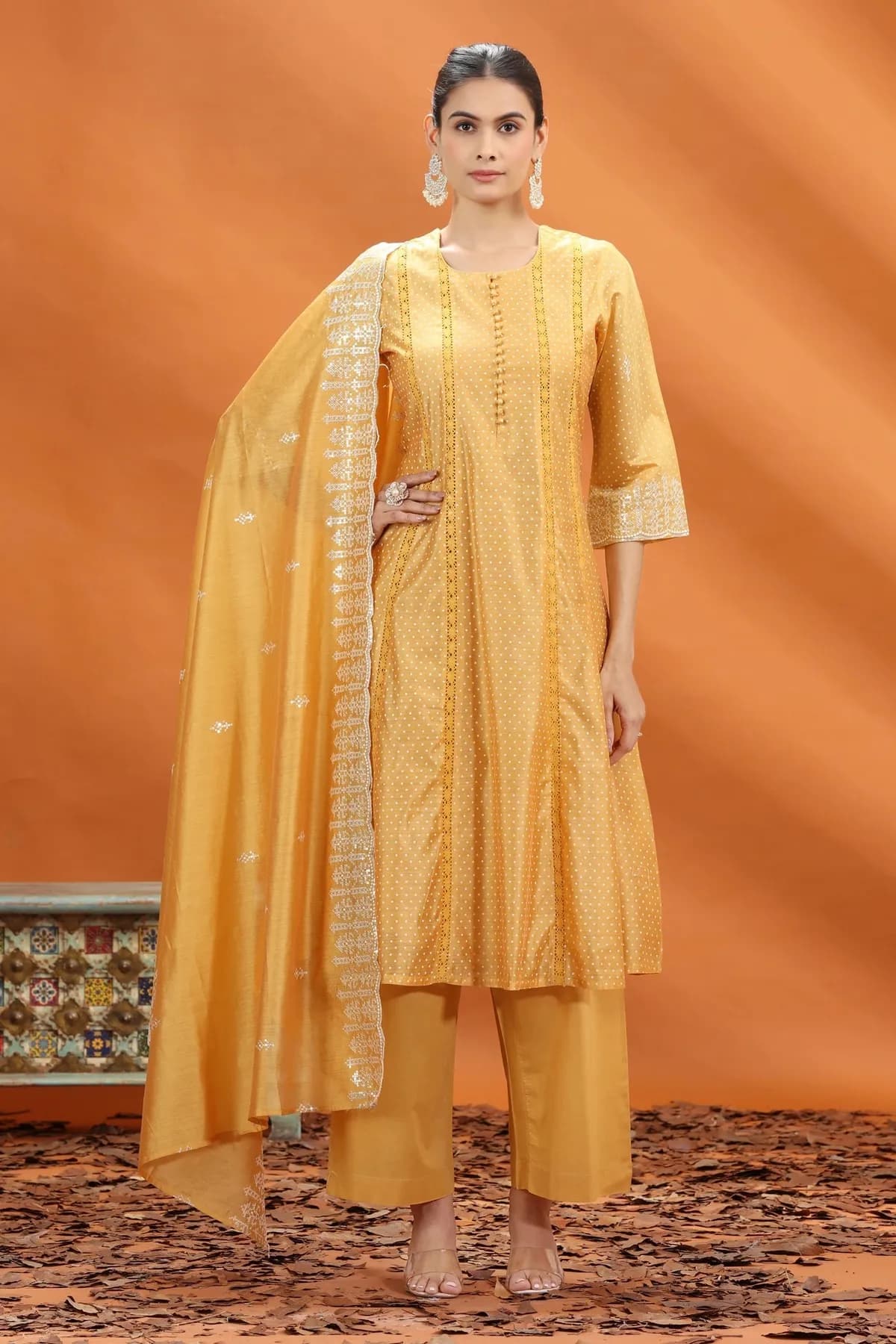 Yellow Chanderi Kalidar Embroidered Kurta Palazzo and Dupatta Set - Barkha Boutique Kishangarh