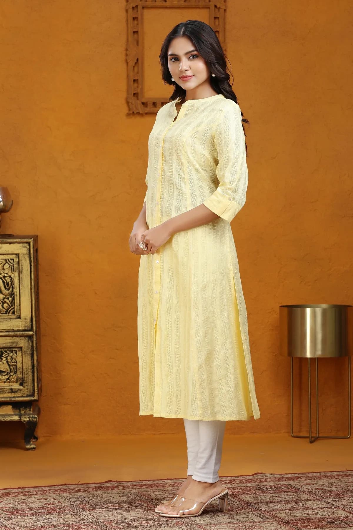 Yellow Cotton A Line Solid Kurta