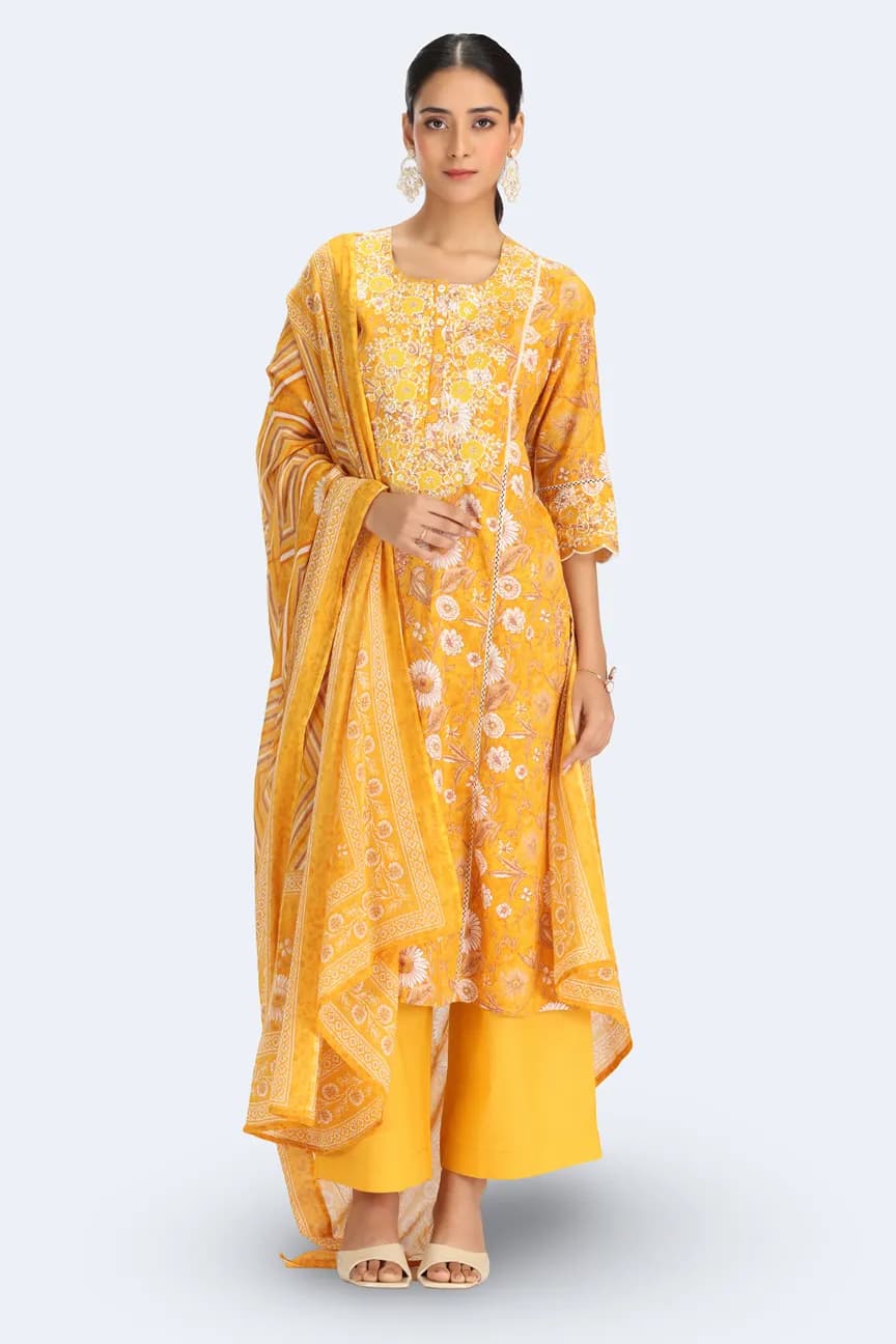 Yellow Cotton Embroidered Straight Kurta Pant and Dupatta Suit Set - Barkha Boutique Kishangarh