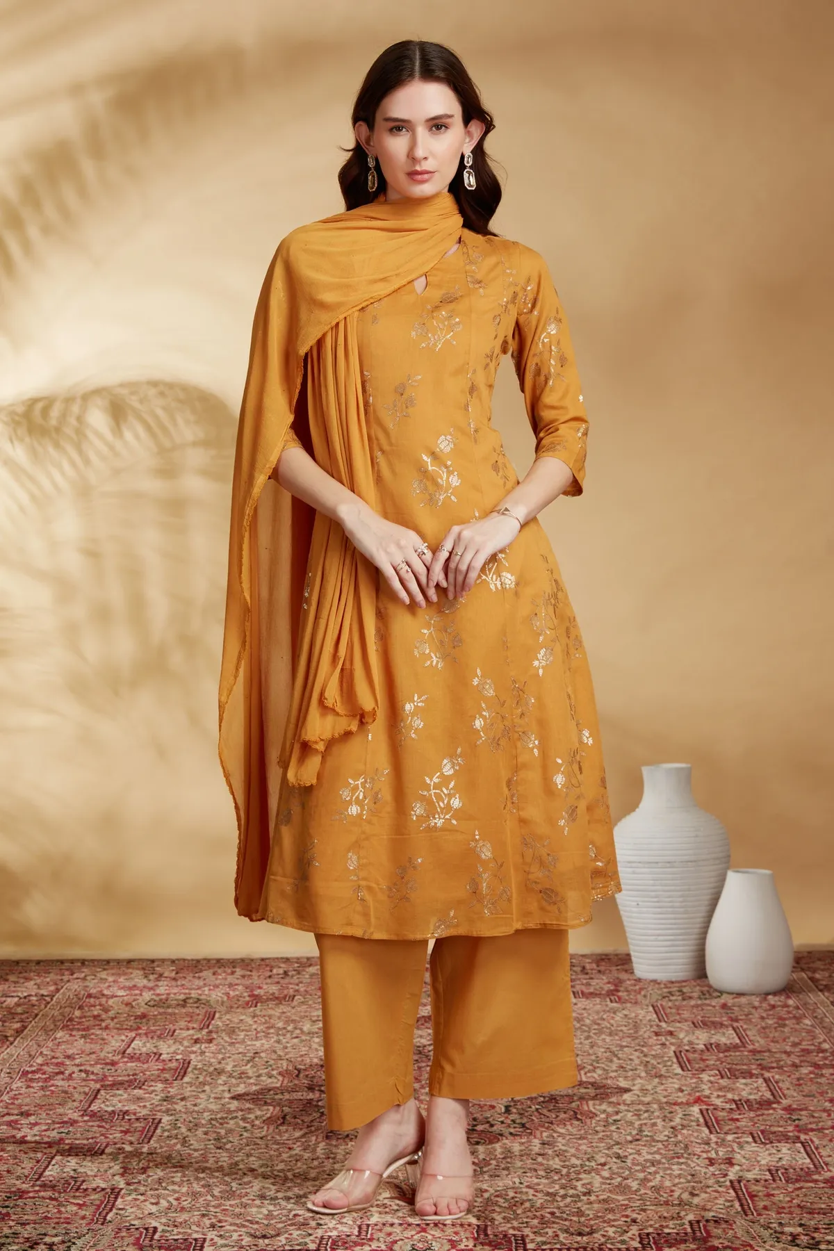 Yellow Cotton Embroidered Straight Kurta Pant and Dupatta Suit Set - Barkha Boutique Kishangarh