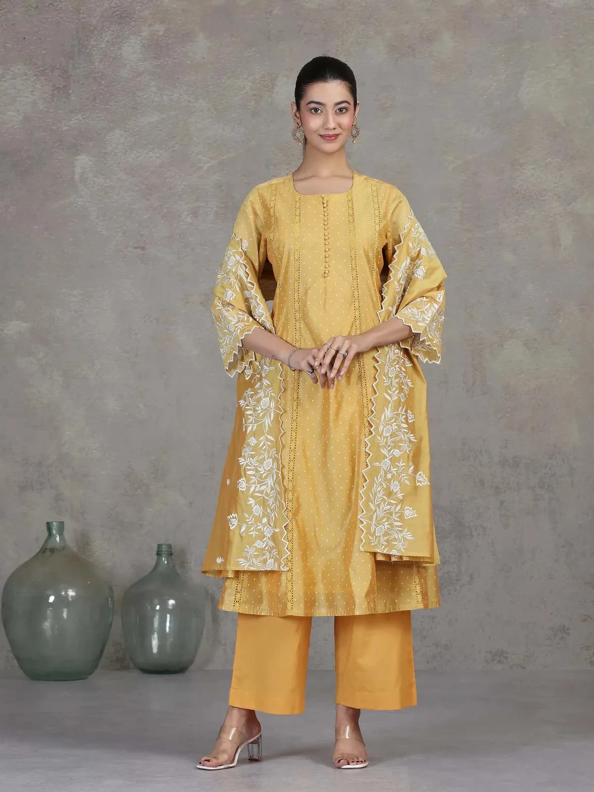 Yellow Embroidered A-Line Ethnic Set - Barkha Boutique Kishangarh