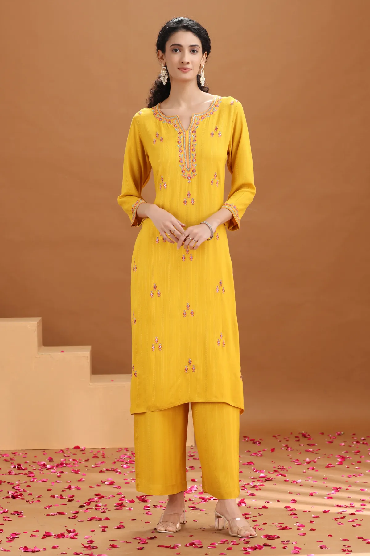 Yellow Embroidered Straight Cotton Co-ord Set - Barkha Boutique Kishangarh