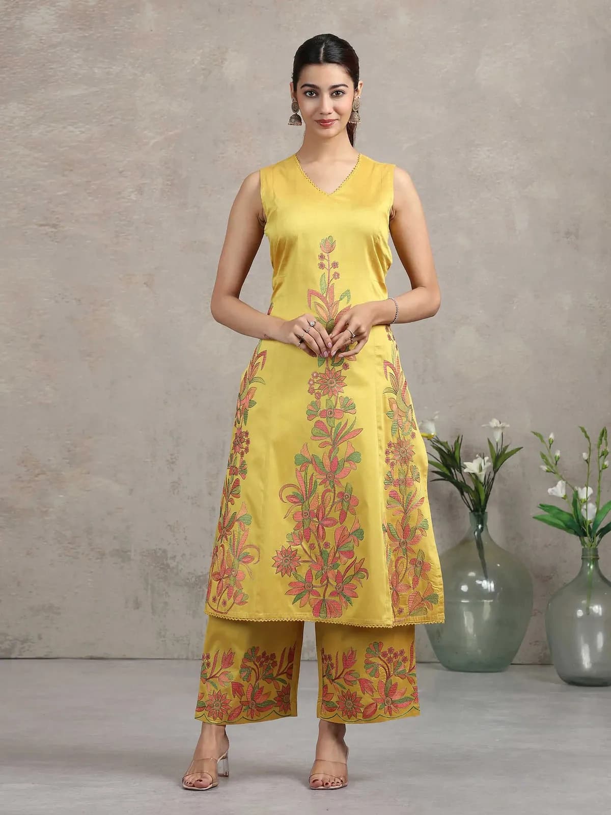 Yellow Floral Embroidered A-Line Co-ord Set - Barkha Boutique Kishangarh