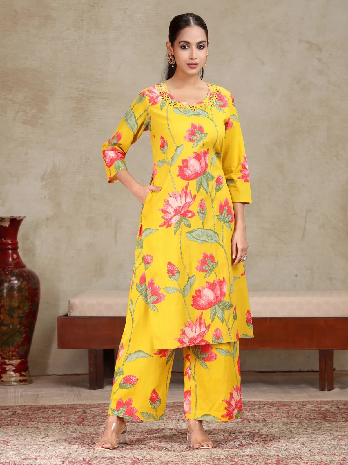 Yellow Floral Embroidered Straight Co-ord Set - Barkha Boutique Kishangarh