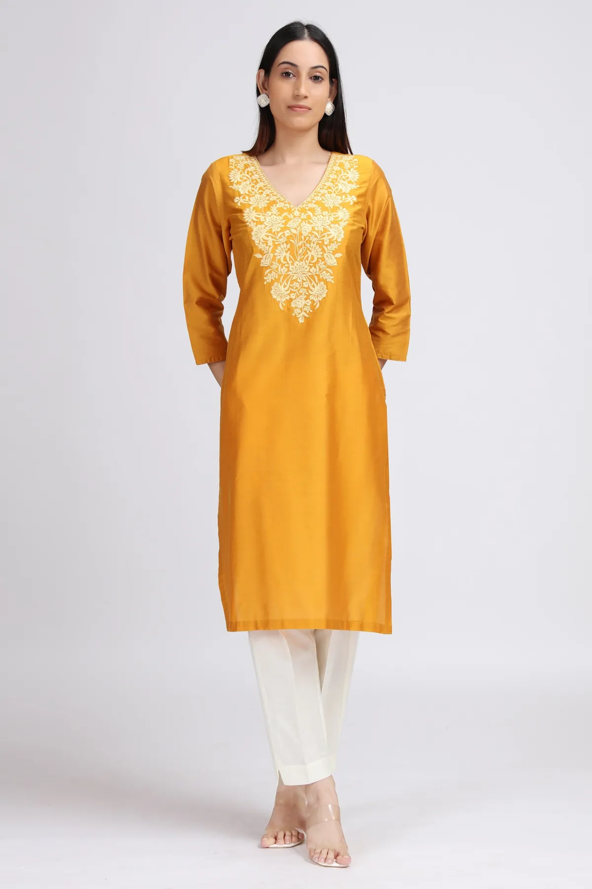 Yellow Floral Embroidered Straight Kurta - Barkha Boutique Kishangarh