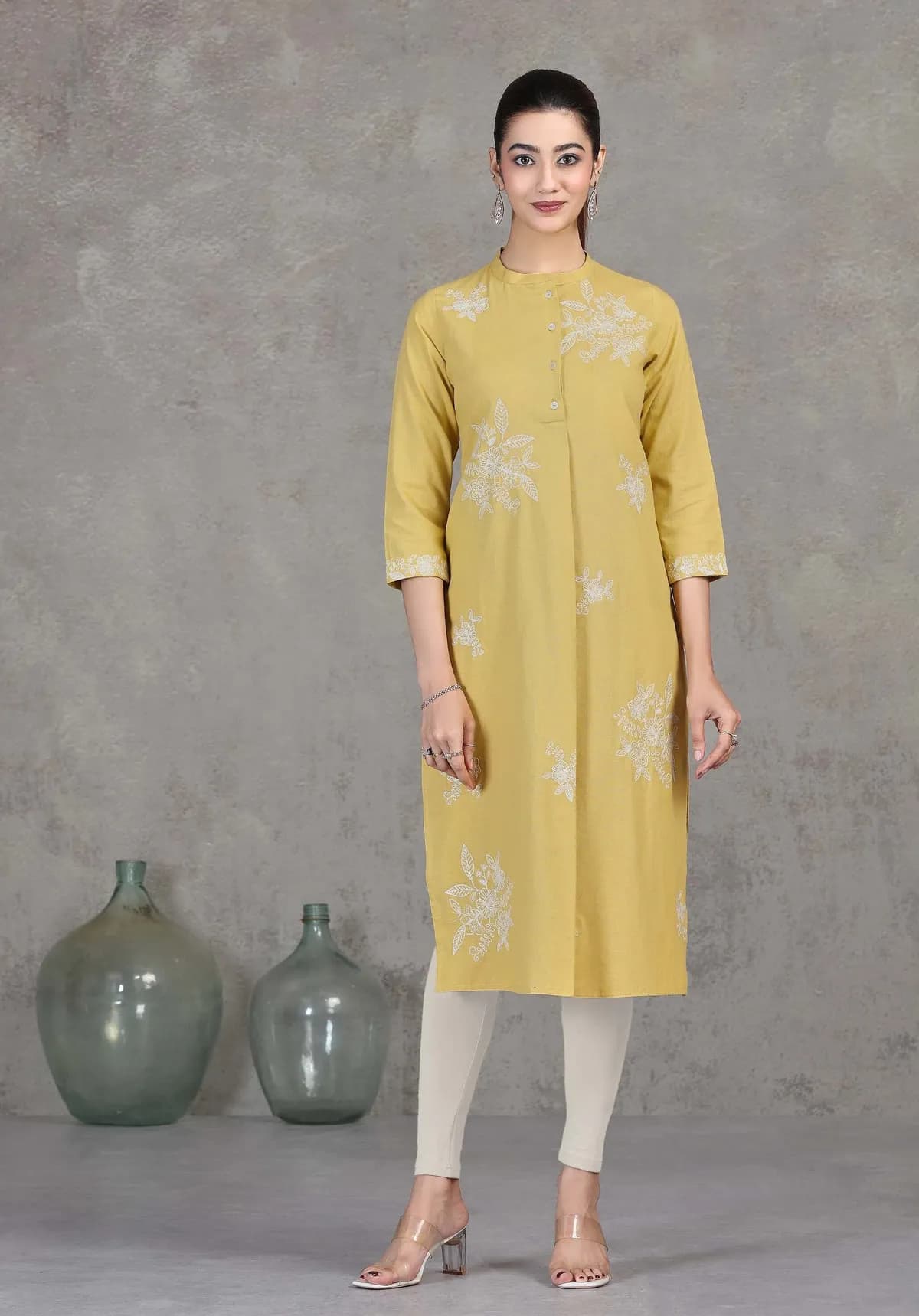 Yellow Floral Embroidered Straight Kurta - Barkha Boutique Kishangarh