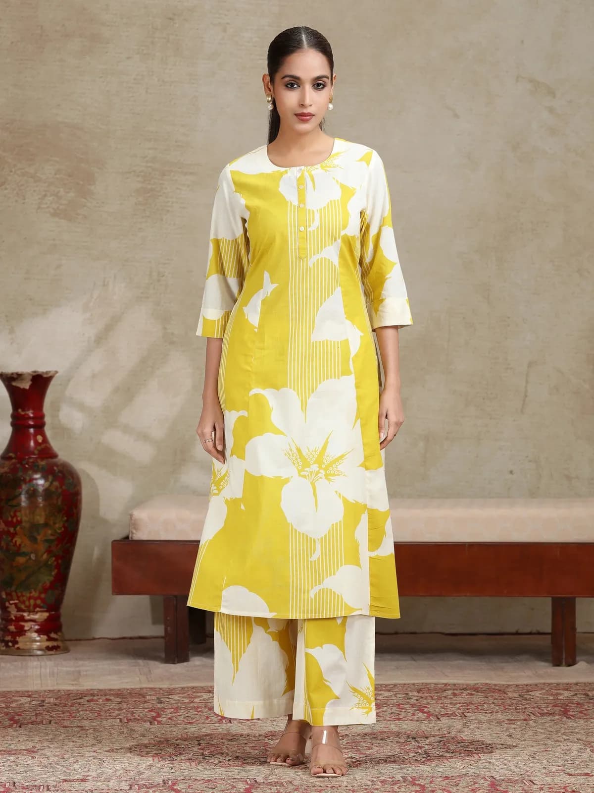 Yellow Floral Printed A-Line Co-ord Set - Barkha Boutique Kishangarh