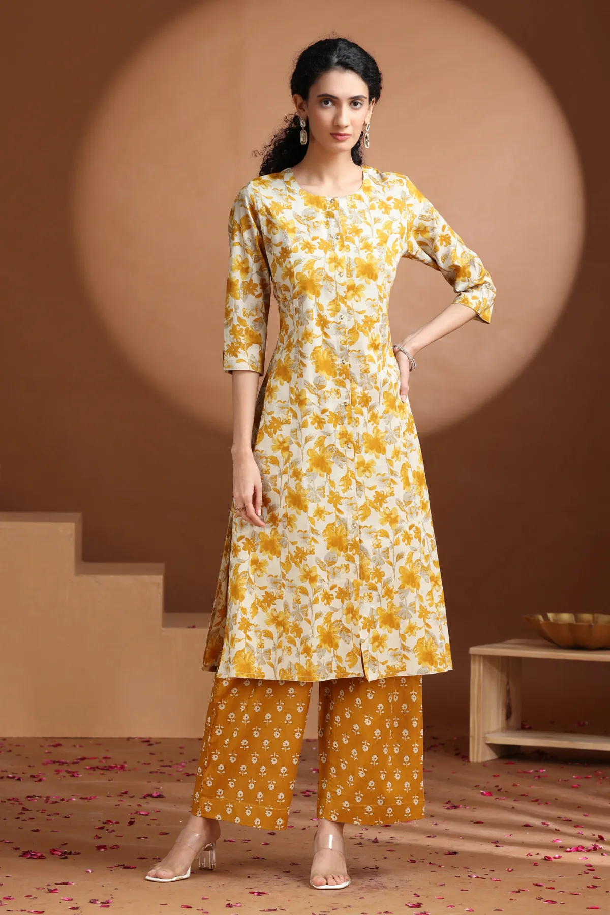 Yellow Floral Printed A-Line Cotton Co-ord Set - Barkha Boutique Kishangarh