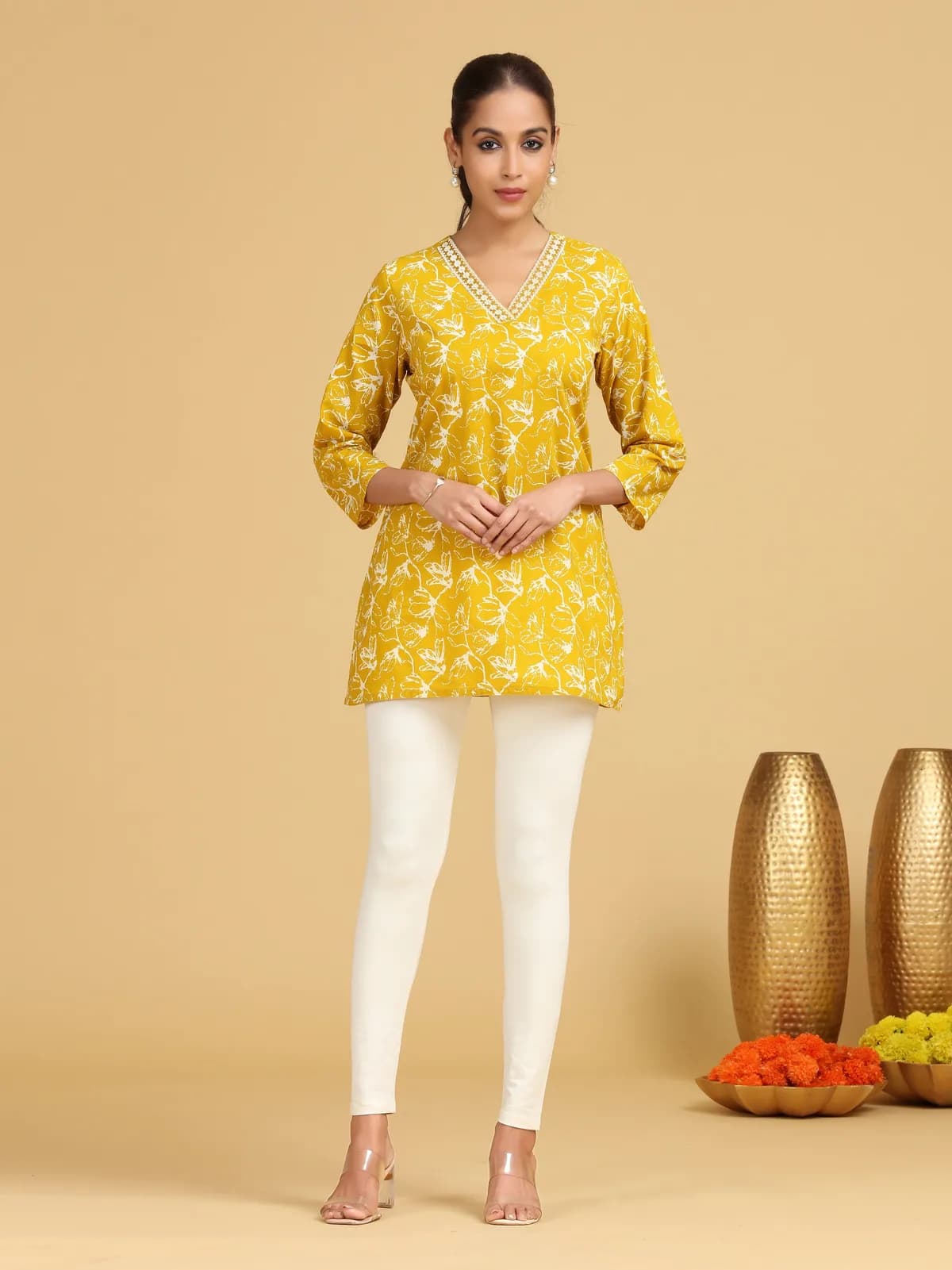 Yellow Floral Printed Straight Tunic - Barkha Boutique Kishangarh