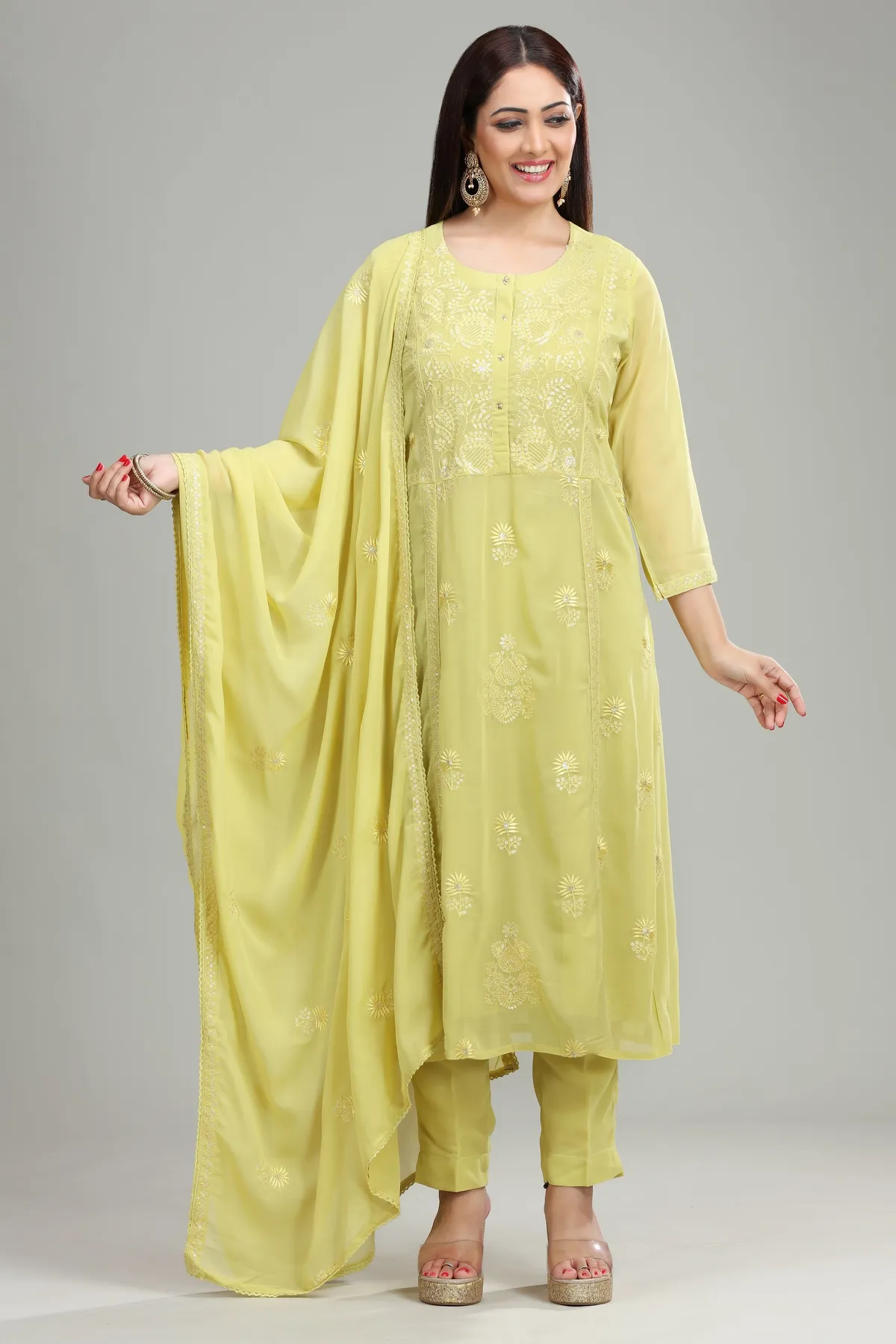 Lemon Georgette A Line Embroidered Kurta Pant Suit Set - Barkha Boutique Kishangarh