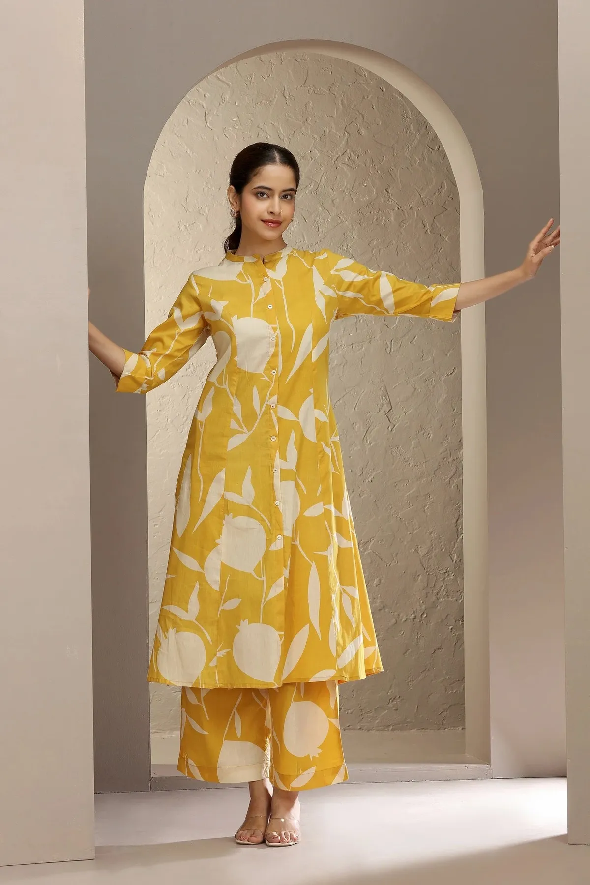 Yellow Jaipuri Cotton Printed A Line Kurta Pant Co ord Set