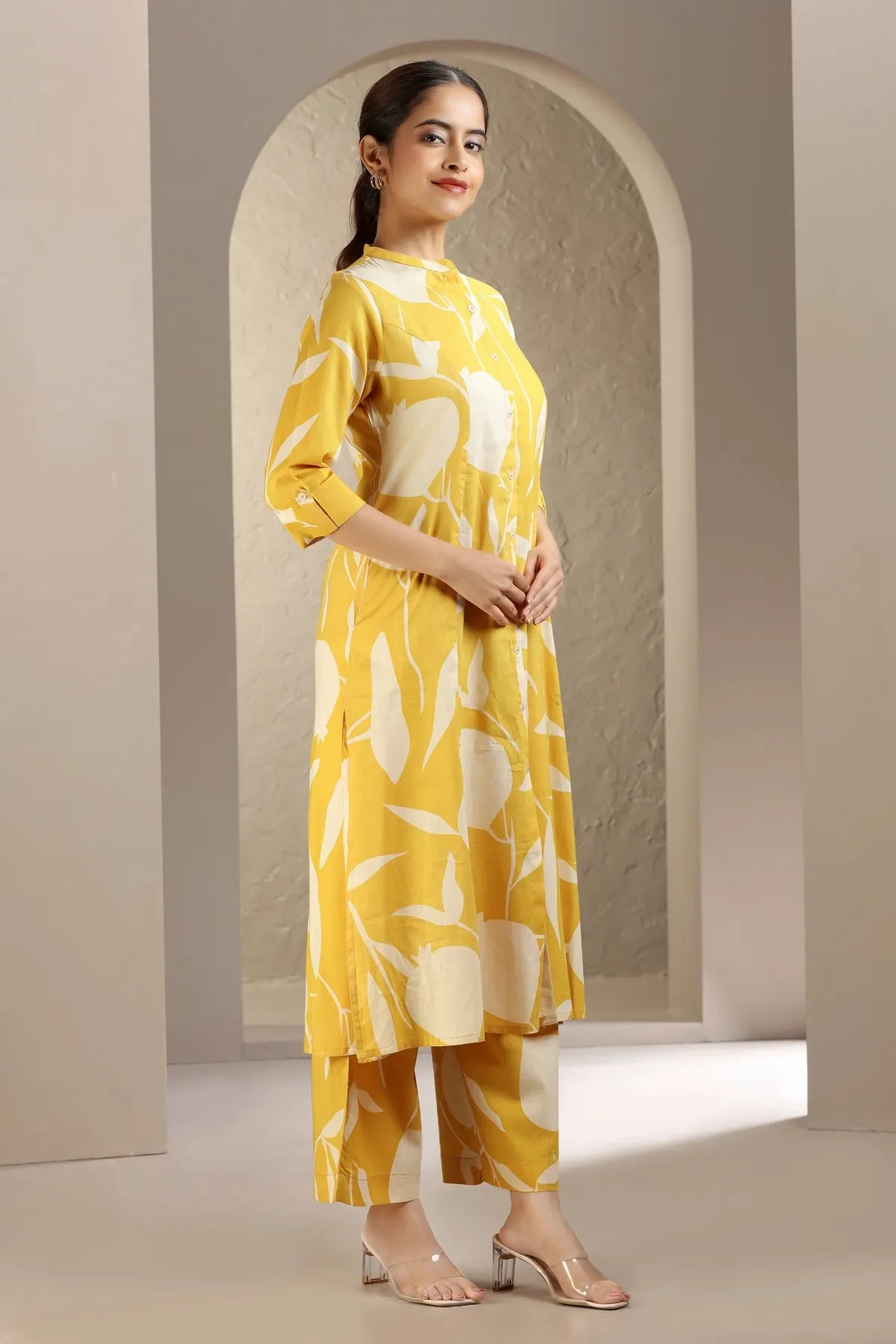 Yellow Jaipuri Cotton Printed A Line Kurta Pant Co ord Set