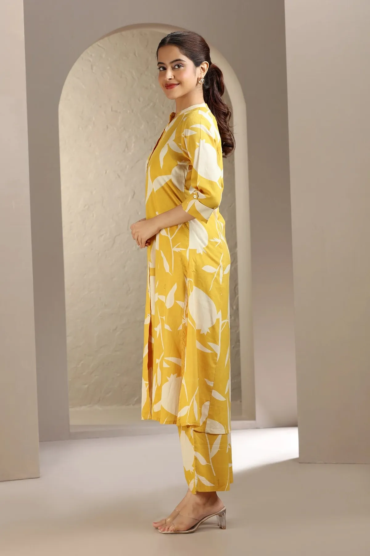 Yellow Jaipuri Cotton Printed A Line Kurta Pant Co ord Set