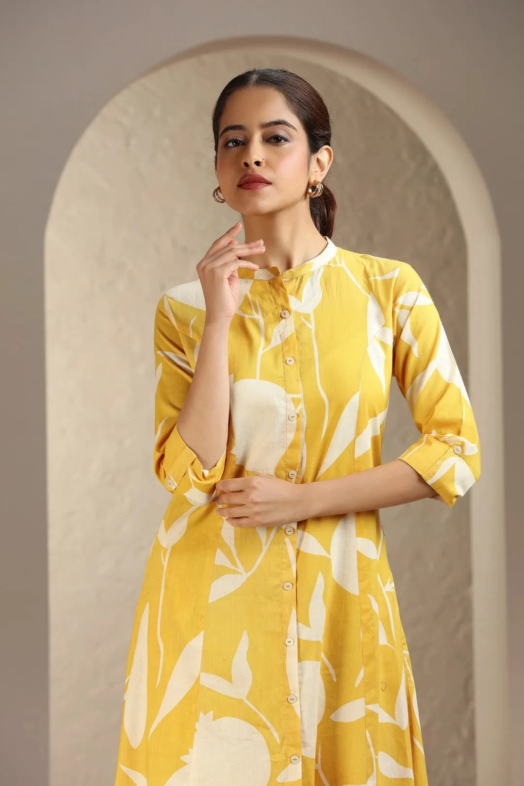 Yellow Jaipuri Cotton Printed A Line Kurta Pant Co ord Set