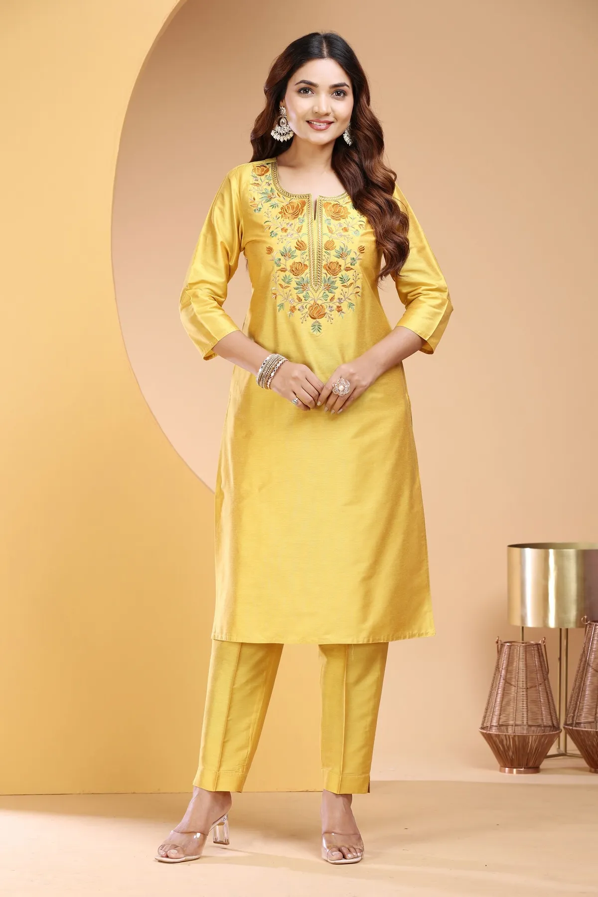 Yellow PolySilk Embroidered Straight Kurta and Pant Set