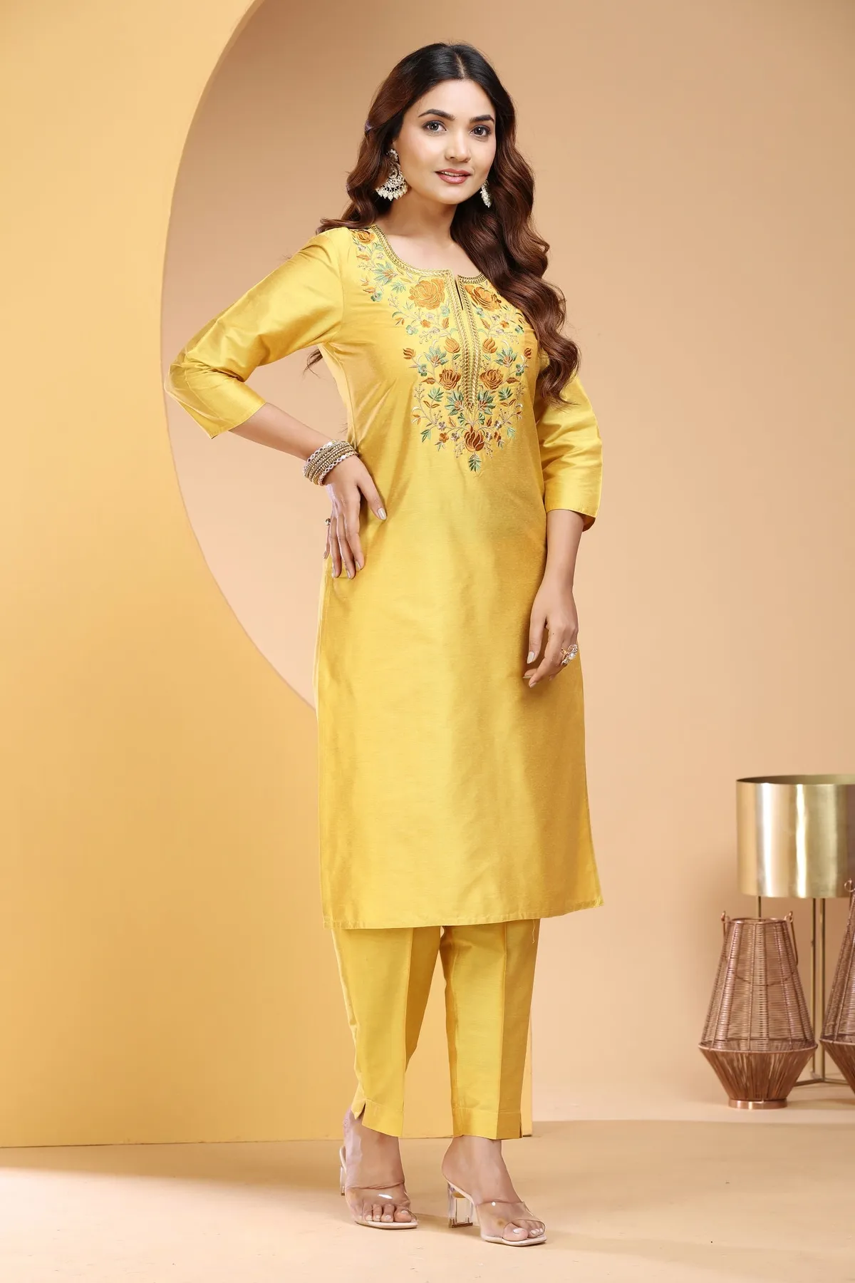 Yellow PolySilk Embroidered Straight Kurta and Pant Set